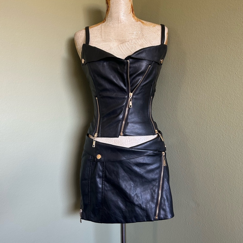 Black Faux Leather Zip-Front Corset Top & Mini Skirt Set